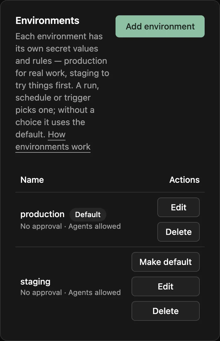 Settings, Environments: production, marked Default, and staging, each with no approval and agents allowed, with Edit and Delete buttons and Make default for staging.